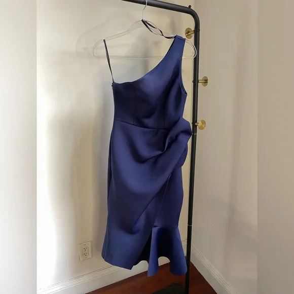 asos blue one shoulder dress ASOS One Shoulder Satin Midi Dress With Neck Sash in Blue
